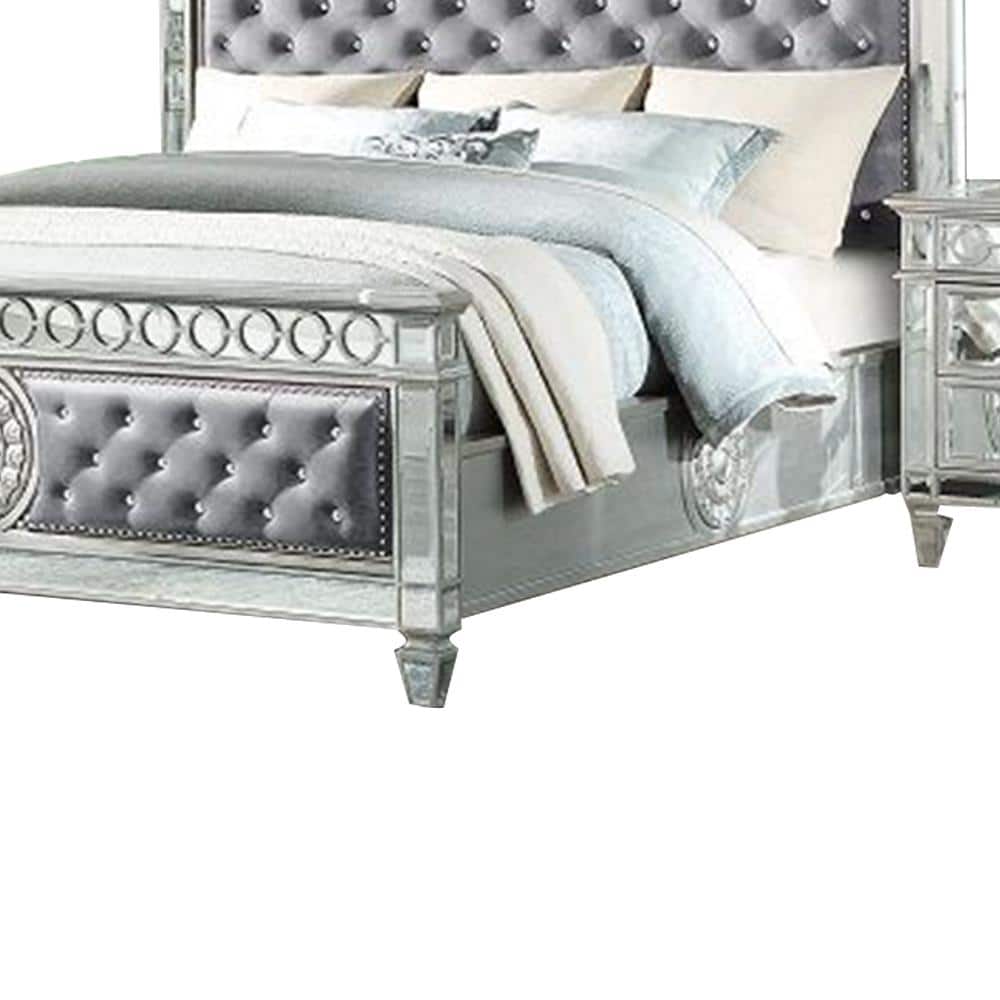Varian Gray Velvet Upholstered Queen Bed with Mirrored Accents