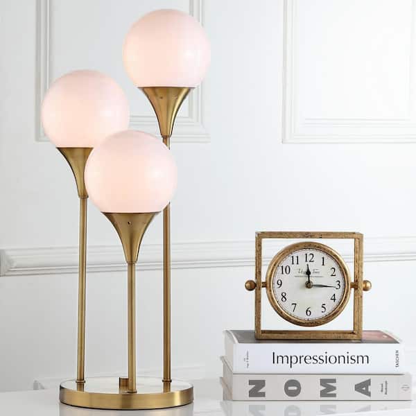 Marzio 25.5 in. Brass Gold Three Globe Upright Table Lamp with White Shade