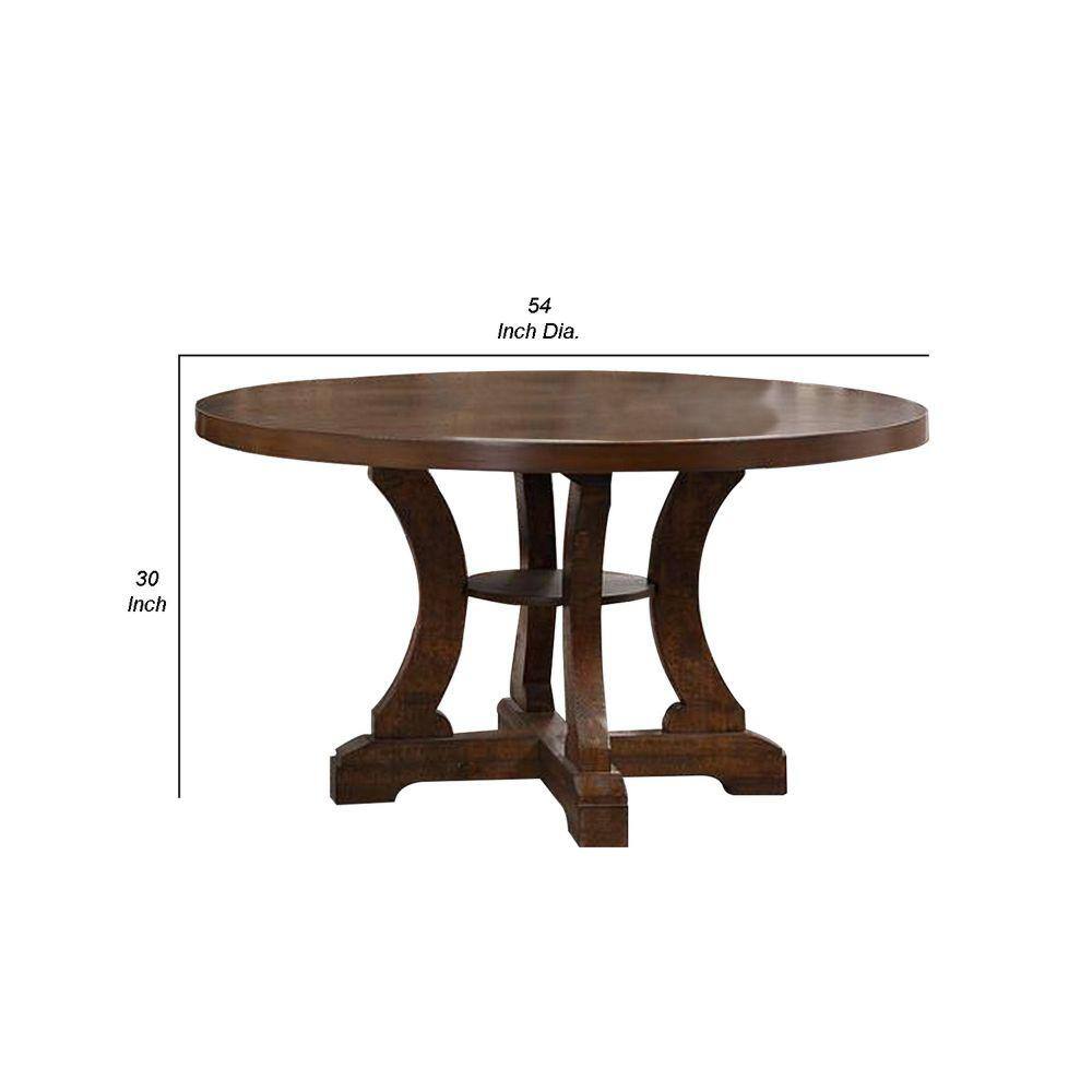 54 Inch Round Reclaimed Wood Dining Table with Dark Brown Pedestal