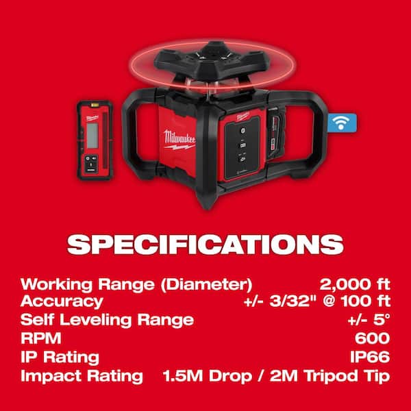 Milwaukee M18 2000 ft. Red Exterior Rotary Laser Level Kit with