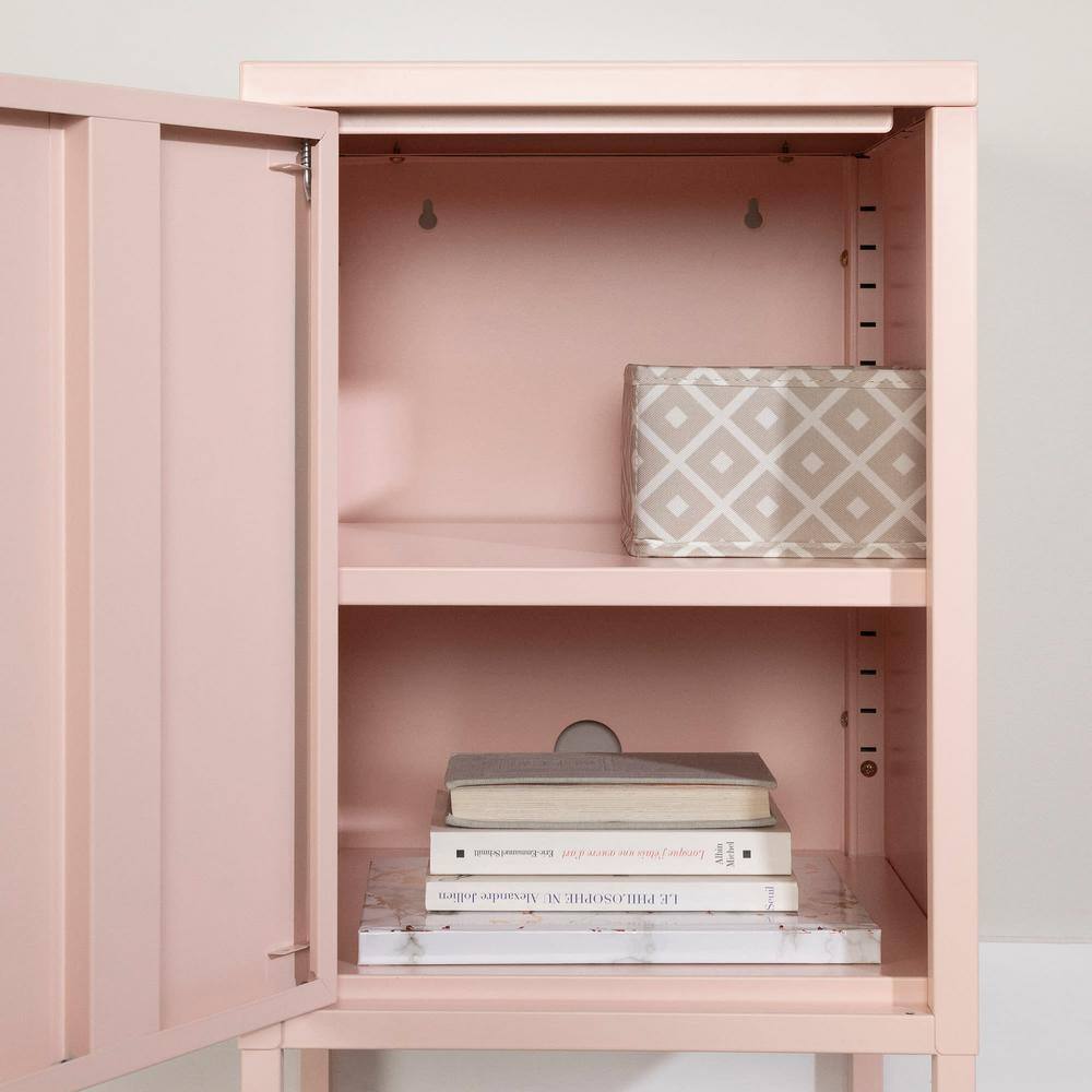 Pale Pink Metal 1-Door Nightstand with Adjustable Shelf