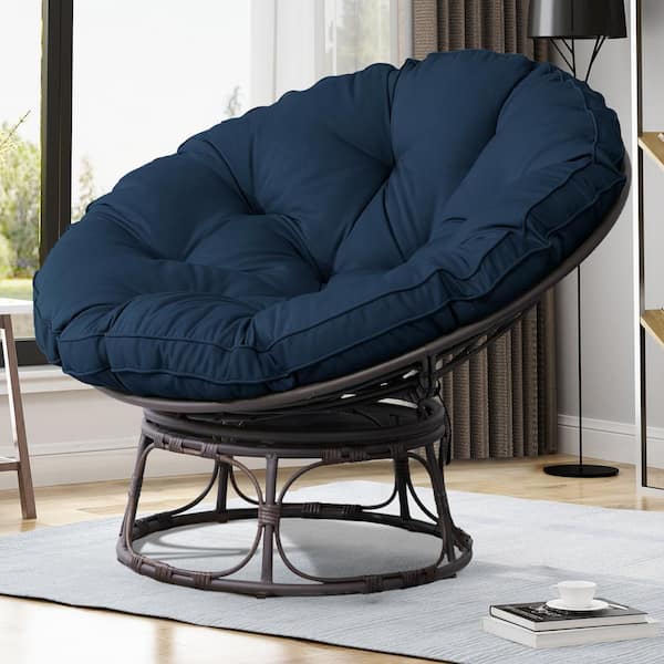 JOYSIDE Patio Wicker Outdoor Papasan Lounge Chair with Blue Cushion