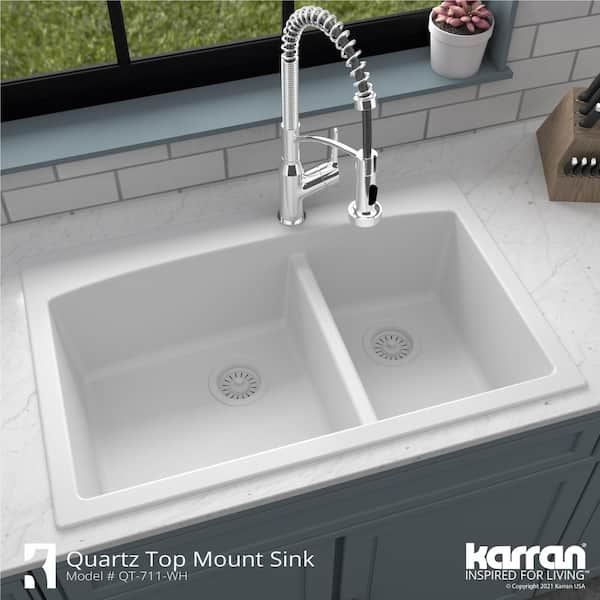Karran Drop-In Quartz Composite 33 in. 1-Hole 60/40 Double Bowl Kitchen  Sink in White QT-711-WH - The Home Depot