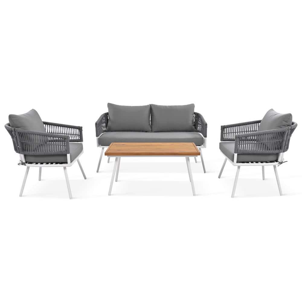 4 Piece Metal Patio Conversation Set with Grey Cushion for Backyard ...
