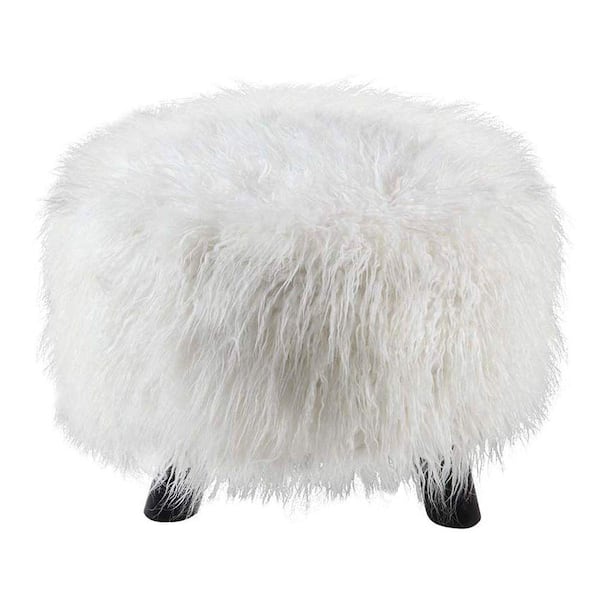 Benjara 12.6 in. White Backless Faux Fur Upholstered Wooden Foot Stool with 3-Leg Support