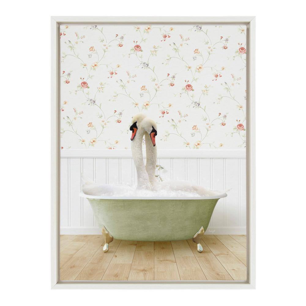 Whimsical Swans in Bathtub Framed Canvas Wall Art, 18x24 White