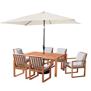 8-Piece Set, Weston Wood Outdoor Dining Table Set with 6-Cushioned Chairs, 10 ft. Rectangular Umbrella Beige
