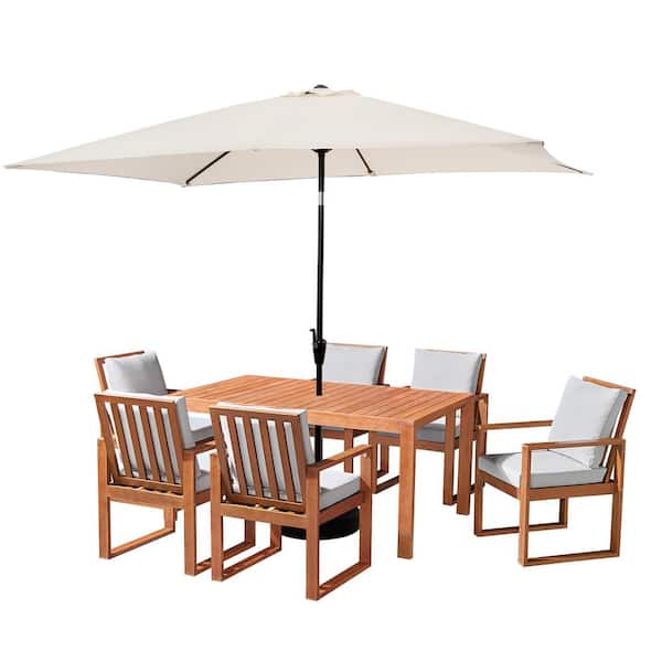 Pure Garden 8-Piece Set, Weston Wood Outdoor Dining Table Set with 6-Cushioned Chairs, 10 ft. Rectangular Umbrella Beige