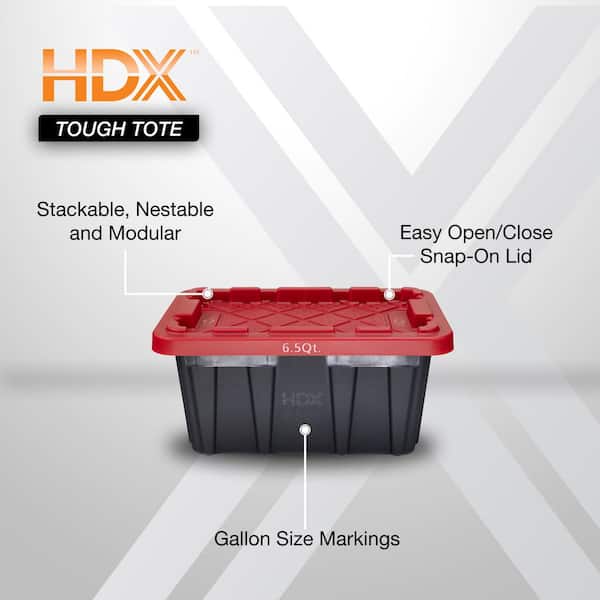 6.5-Qt Tough Storage Tote in Black with Red Lid