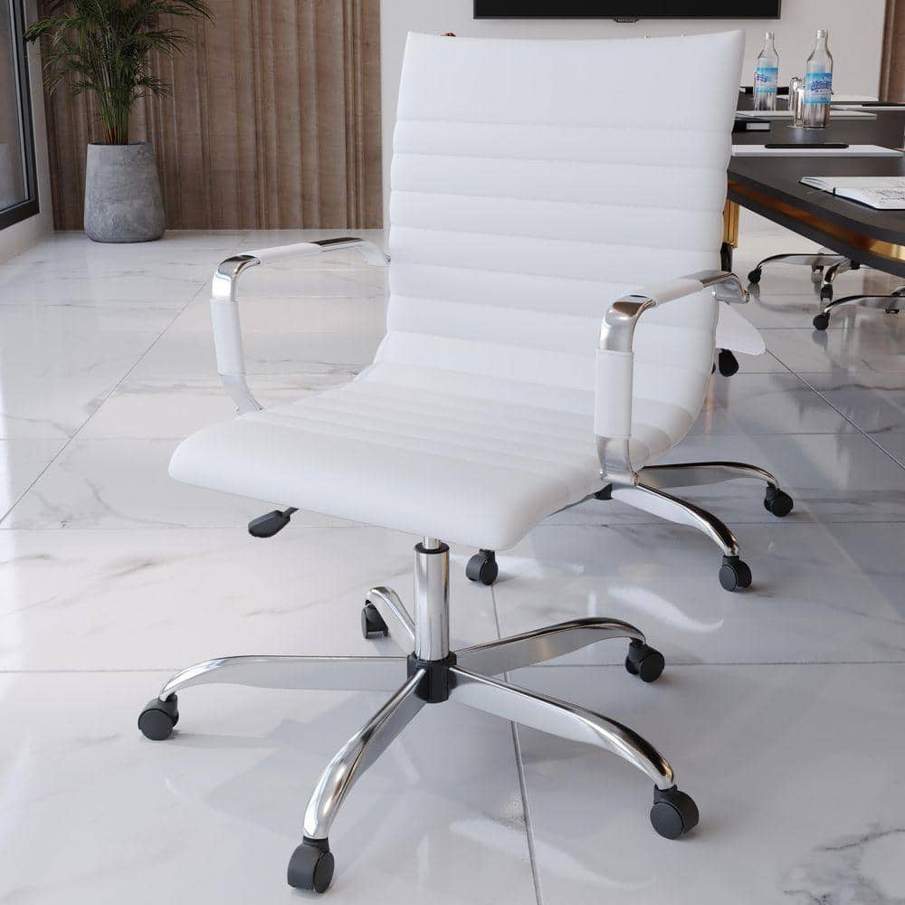 Harris Mid-Back Leather Office Chair Chrome Frame Adjustable Height, Swivel, Tilt Conference Chair in White