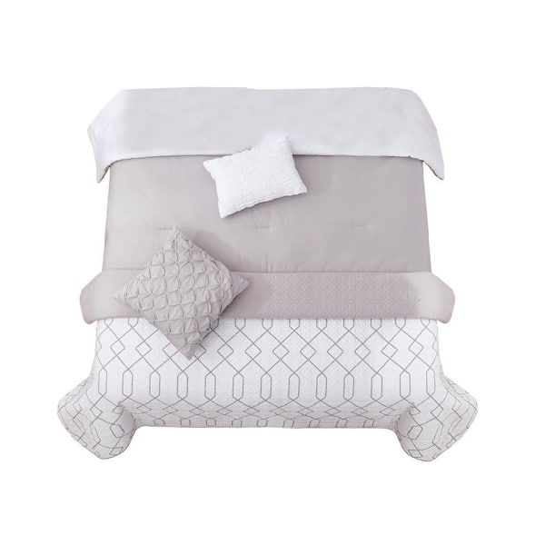Benjara 8-Piece White and Gray Geometric Microfiber King Comforter Set