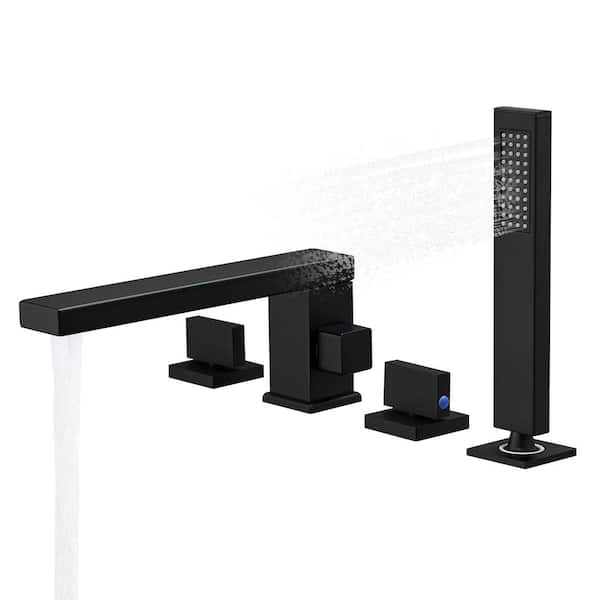 2-Handle Deck-Mount Roman Tub Faucet with Hand Shower in Matte Black