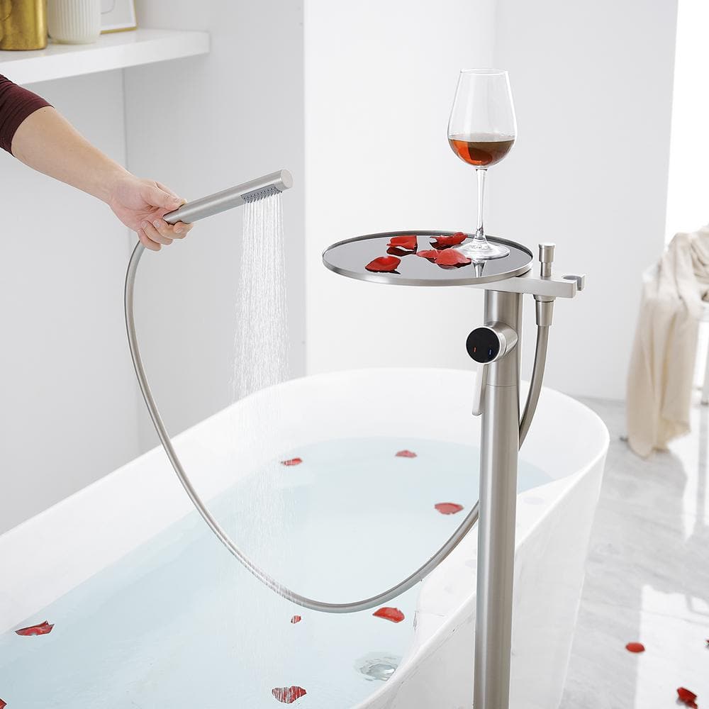 Brushed Nickel Freestanding Roman Tub Faucet with Hand Shower and Tray