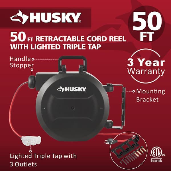 Husky 50 ft. 14/3 13 Amp Retractable Extension Cord System