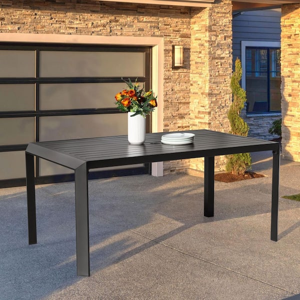 Nuu Garden Black Rectangle Aluminum Outdoor Dining Table with 2.36 in. Umbrella Hole