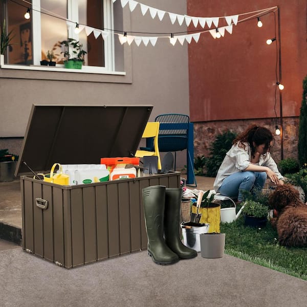 AUTMOON 100-Gallon Outdoor Deck Box, Waterproof Lockable Steel Storage Container for Outside Cushions, Garden Tools, Brown