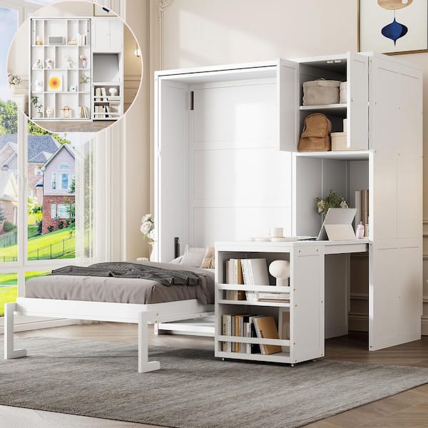Bilge White Wood Frame Twin Size Murphy Bed with Bookshelf, Top Cabinet and Extendable Desk
