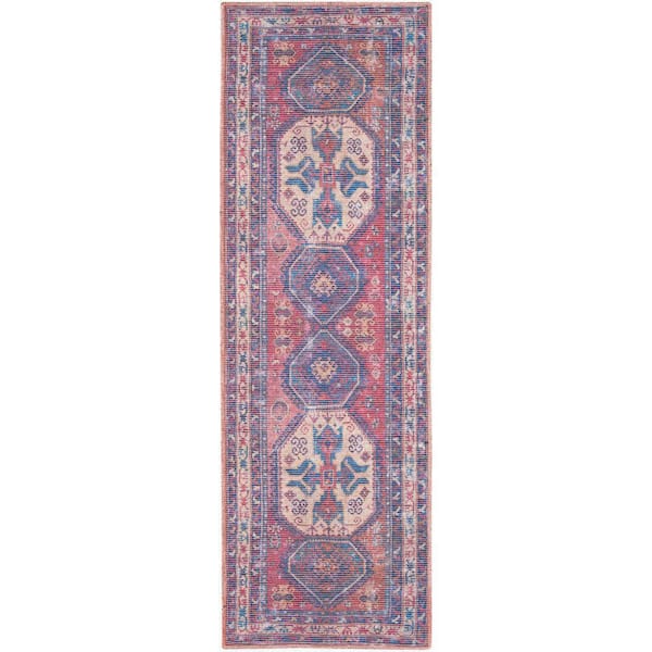 New Concept Washables Red/Navy 2 ft. x 6 ft. Bordered Transitional Kitchen Runner Area Rug