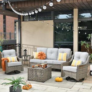 Verona Grey 5-Piece Wicker Modern Outdoor Patio Conversation Sofa Seating Set with Swivel Chairs and Light Grey Cushions
