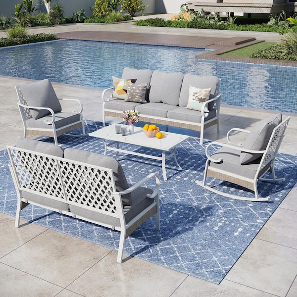 PHI VILLA White 5-Piece Metal Outdoor Patio Conversation Seating Set with Rocking Chairs, Marbling Coffee Table and Gray Cushions