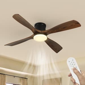 54 in. Smart Indoor Black and Wood Low Profile Flush Mount Ceiling Fan Light with Bright White Integrated LED 4 Blades
