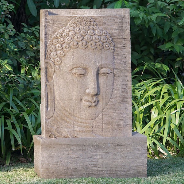 39 in. Stone Buddha Sculptural Outdoor Waterfall Fountain with Light