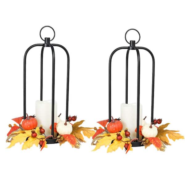 2 Pcs Autumn Metal Lantern Set with Flameless Pillar LED Candles, Decorative Lanterns for Home Decor, Festive Decor