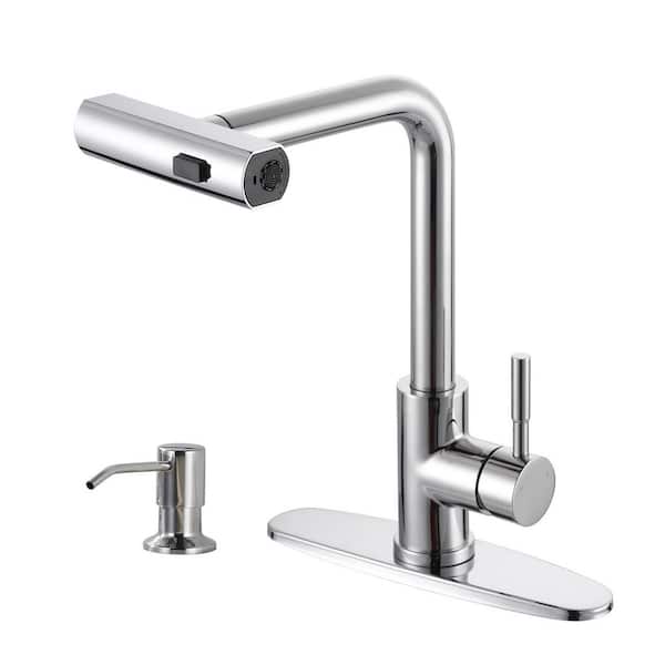 ALEASHA Chrome 3-Mode 13.5 in. H 360° swivel Pull-Out Sprayer Kitchen Faucet with Separate Soap Dispenser