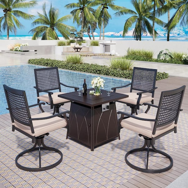 PHI VILLA 5-Piece Metal Patio Fire Pit Set, Bull's Eye Pattern Dining Chairs with Beige Cushion