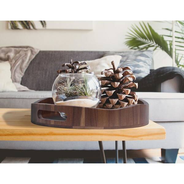 BirdRock Home BIRDROCK HOME Wooden Serving Tray with Handles - Iron Accents - Round Barrel Top Breakfast Trays - Tea Cheese Board - Coffee Table Décor - Natural Wood with Iron