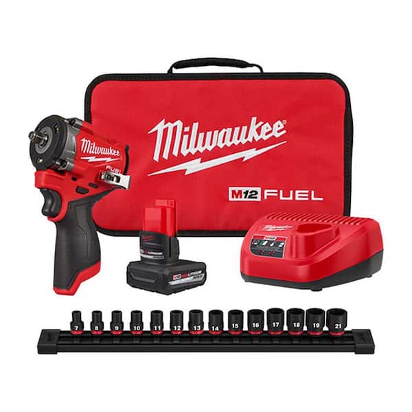 M12 FUEL 12V Lithium-Ion Brushless Cordless Stubby 3/8 in. Impact Wrench Kit with SHOCKWAVE Impact Socket Set (14-Piece)