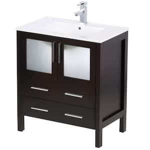 Torino 30 in. Vanity in Espresso with Ceramic Vanity Top in White with White Basin and Mirror (Faucet Not Included)