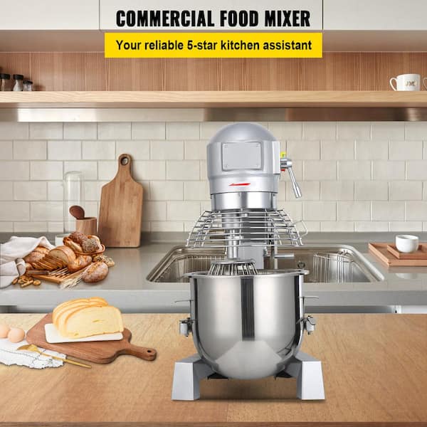15 qt. Commercial Food Mixer, 600 W with 3-Adjustable Speeds (110/178/390 RPM), Heavy Duty in Silver