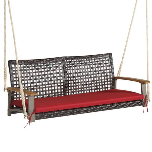 Kadehome 2-Person Wicker Hanging Porch Swing Chair with Cushion in Red