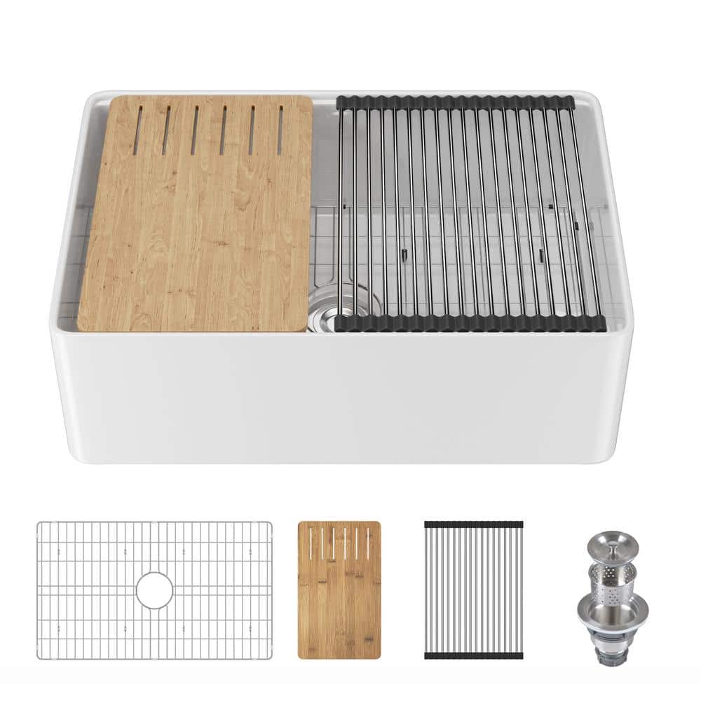 White Fireclay Single Basin Farmhouse Workstation Kitchen Sink