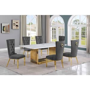 Lisa 7-Piece Rectangular White Marble Top Gold Stainless Steel Base Dining Set With 6-Dark Gray Velvet Fabric Chairs