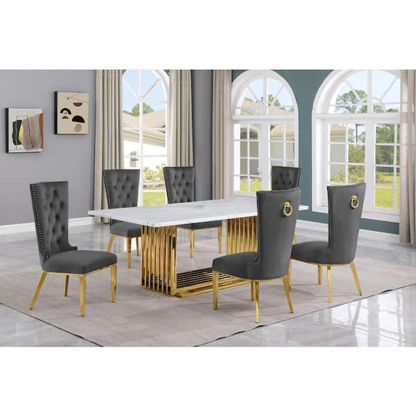 Best Quality Furniture Lisa 7-Piece Rectangular White Marble Top Gold Stainless Steel Base Dining Set With 6-Dark Gray Velvet Fabric Chairs