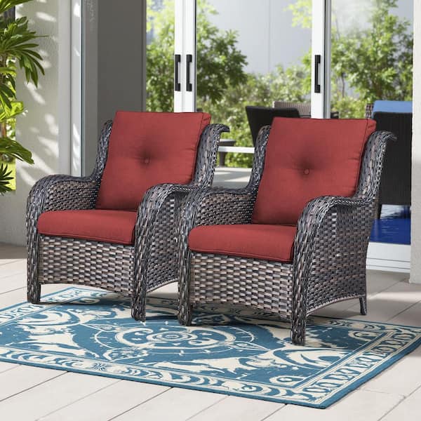Brown Wicker Outdoor Patio Lounge Chair with CushionGuard Red Cushions (2-Pack)