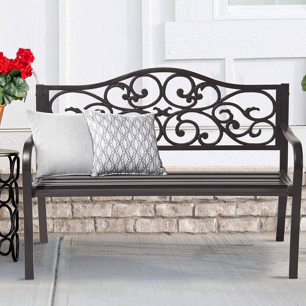 50 in. 2-Person Dark Brown Metal Outdoor Bench with Floral Design Backrest