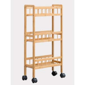 Natural Wood Kitchen Cart Removable Storage Cart Slim Slide Out Rolling Pantry Shelf with 3-Tier and Wheels