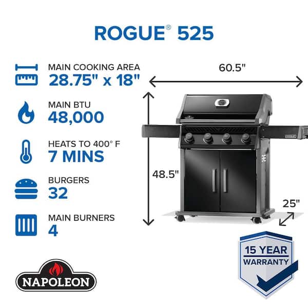 Rogue 525 Propane Gas Grill, Black, 4 Burner, Stainless Steel Grids