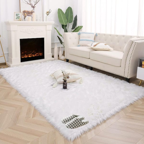 White 4 ft. x 6 ft. Sheepskin Faux Furry Cozy Area Rug