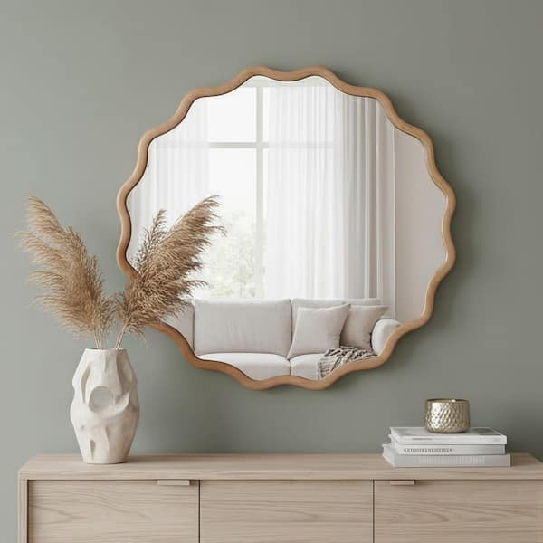 Natural Wood 30 in. W x 30 in. H Wavy Round Solid Wood Framed Mirror for Bathroom Vanity Living Room Entryway Decor