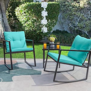 Black 3-Pieces Metal Wicker Outdoor Rocking Chair Bistro Conversation Set with Blue Cushions