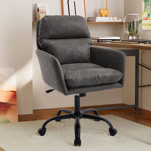 Faux Leather Upholstered Swivel Ergonomic Task Chair in Gray with Adjustable Height and Metal Base