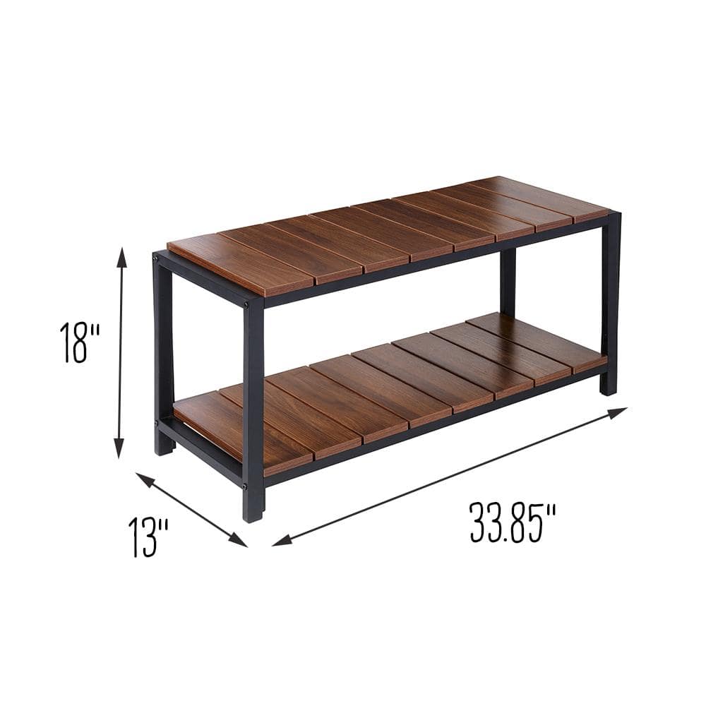 Walnut and Black 2-Tier Shoe Storage Bench with Seating