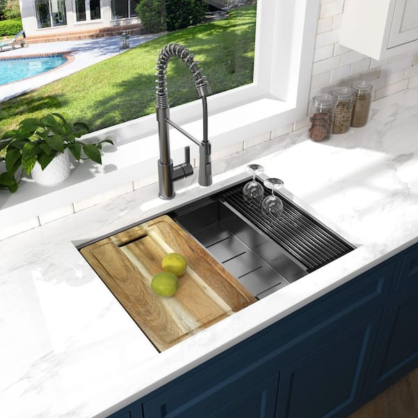 27 in. Undermount Single Bowl 18 Gauge Gunmetal Black Stainless Steel Workstation Kitchen Sink with Spring Neck Faucet