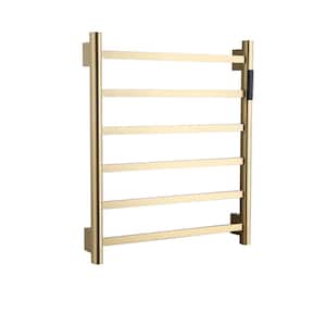 6-Bar Plug-in/Hardwired Wall Mounted Electric Towel Warmer Rack in Brushed Gold with Timer Waterproof
