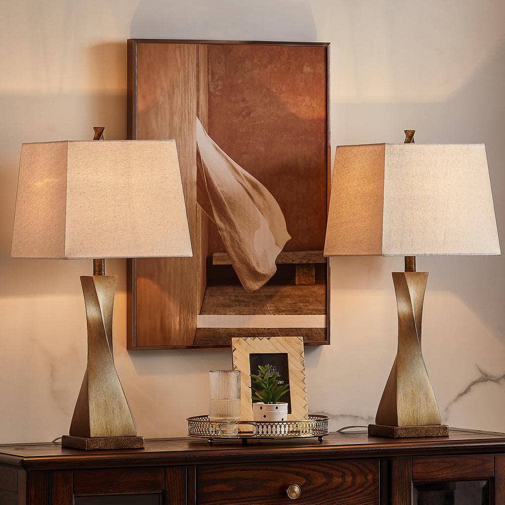 27" Distressed Gold Spiral Base Table Lamp Set with Fabric Shades