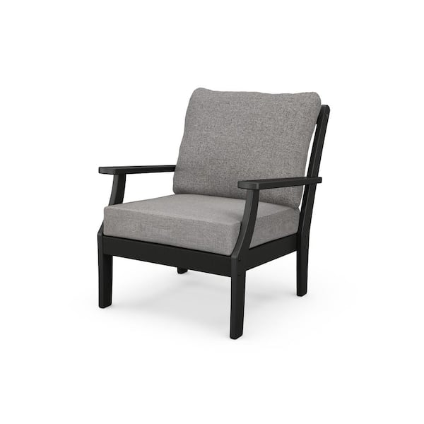 POLYWOOD Braxton Black Stationary Plastic Outdoor Patio Deep Seating Lounge Chair with Grey Cushions